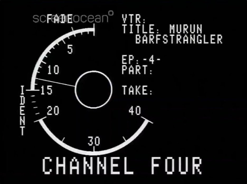 A VT clock for the fourth episode, bearing the extraordinary altered title of "Murun Barfstrangler". Clearly someone in Channel 4's playout had already got tired trying to spell the title correctly - one of the previous editions has a completely managled attempt on its VT clock...