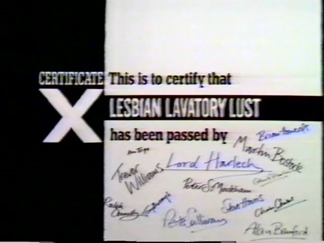 The end bit of a quick NTNOCN sketch. The BBFC Cert X slide - they weren't too fond of nunchucks, but they were really into "Lesbian Lavatory Lust", as has been certfied here by the entire BBFC staff.