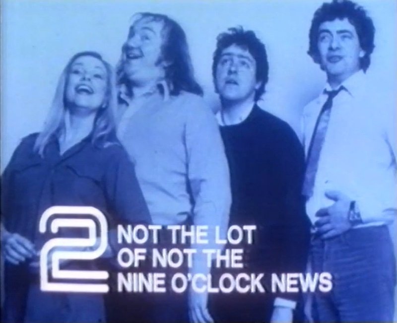 Daft BBC2 programme slide for one of the NTNOCN compilations, tinted a shade just slightly off from "Sam Tyler Blue". Mel Smith and Pamela Stephenson share a joke, Griff Rhys-Jones looks worried, and Rowan Atkinson possibly has indigestion.