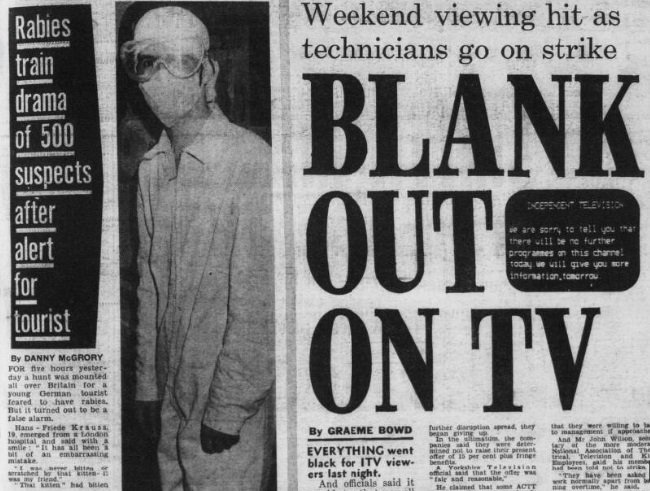 Newspaper scan - "BLANK OUT ON TV" on right side, left side has scary picture of a nurse in full "anti-rabies" gear.