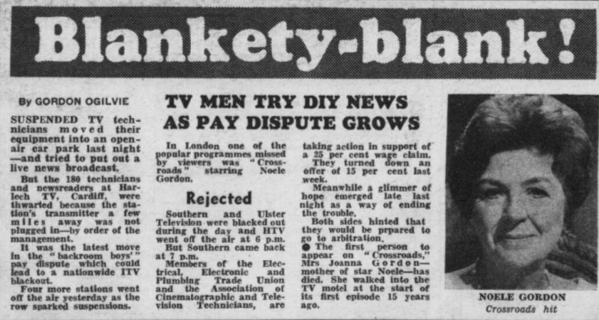 Newspaper scan. The headline reads "Blankety-blank!". Article text mentions much the same details as this blog post. To the right side is a picture of Noele Gordon - whose mother, the first person to appear on Crossroads, has just died.