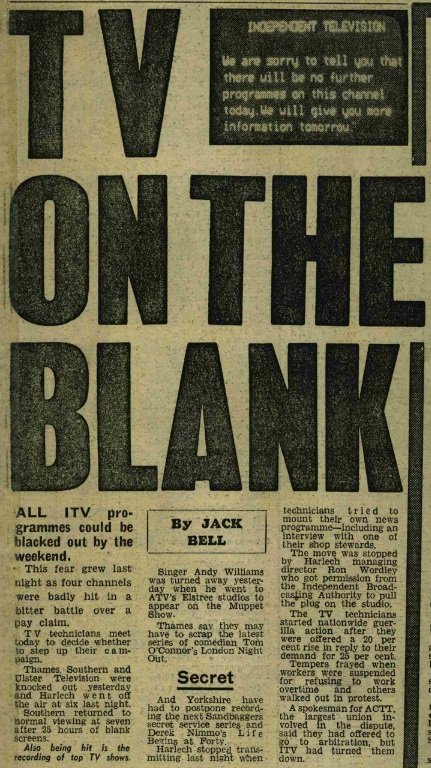 Newspaper scan. Headline: "TV ON THE BLANK". In the corner of the scan is a blurry photo the Daily Mirror have taken of an early version of that blue caption.