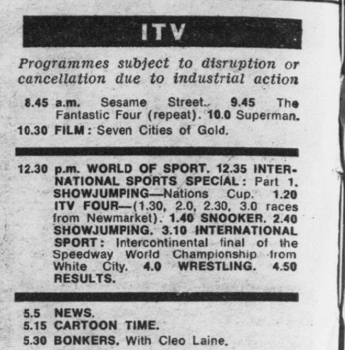 ITV listing from the Daily Express, from the same edition as the previous picture. "Programmes subject to disruption or cancellation due to industrial action".