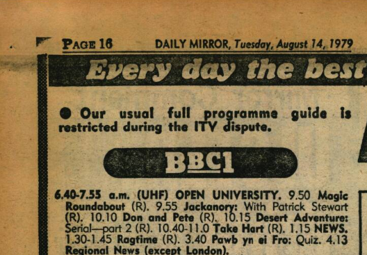 Newspaper scan - "PAGE 16", "DAILY MIRROR, Tuesday, August 14, 1979" - above the BBC1 listing reads the following: "Our usual full programme guide is restricted during the ITV dispute."