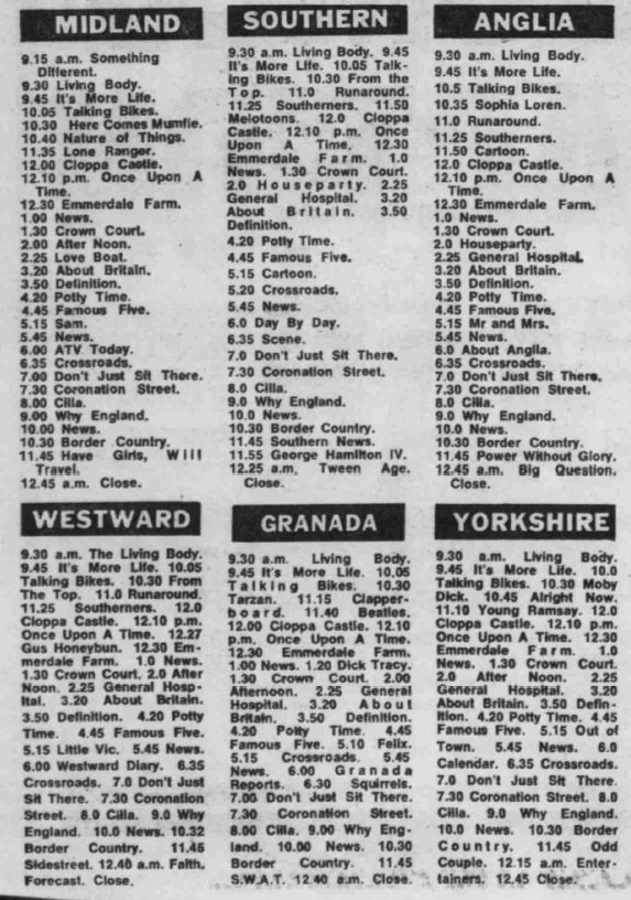 TV listings scan, showing schedules for ATV (listed as "Midland"), Southern, Anglia, Westward, Granada and Yorkshire. As stated in the main text, Sophia Loren was on at 10:35 am on Anglia, but most likely wasn't.