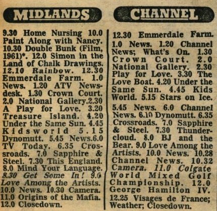 Listings of what would have been on ATV, and perhaps some of what was actually on Channel TV.